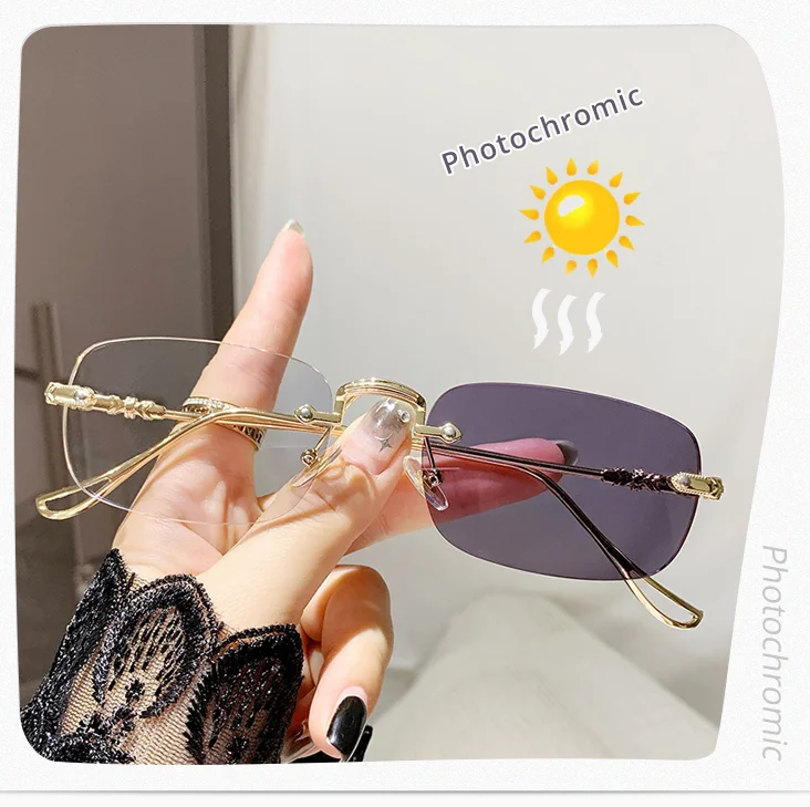 Luxury Photochromic Sunglasses Women Prescription Glasses Graduated Lenses Minus Anti Blue Computer Glasses Transparent Rimless