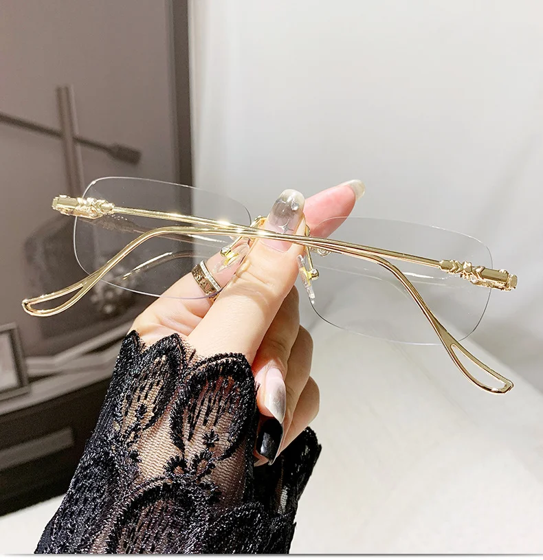 Luxury Photochromic Sunglasses Women Prescription Glasses Graduated Lenses Minus Anti Blue Computer Glasses Transparent Rimless