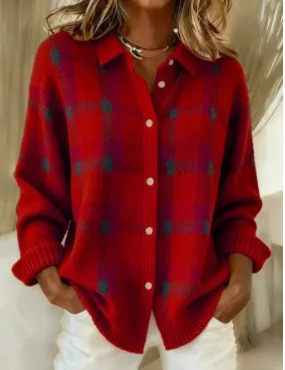 Women's Casual Loose Sweater Spring and Autumn Plaid Long Sleeve Lapel Shirt Sweater Cardigan