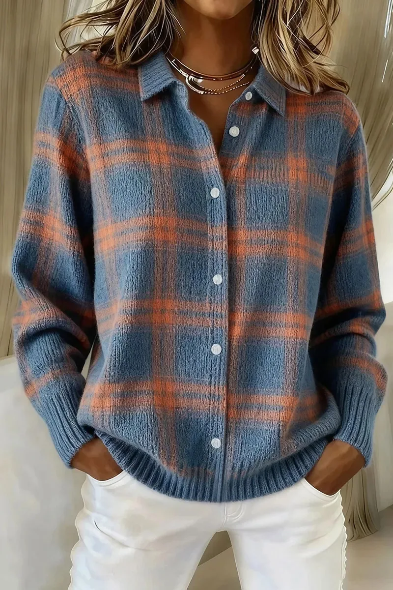 Women's Casual Loose Sweater Spring and Autumn Plaid Long Sleeve Lapel Shirt Sweater Cardigan