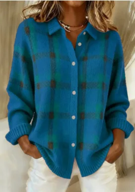 Women's Casual Loose Sweater Spring and Autumn Plaid Long Sleeve Lapel Shirt Sweater Cardigan