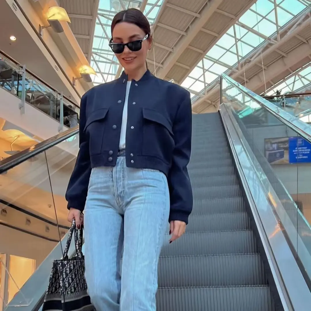 Women Fashion Jacket Solid Color Coat Autumn Winter Button Baseball Aviator Cropped Jackets For Women Long Sleeve Crop Outerwear