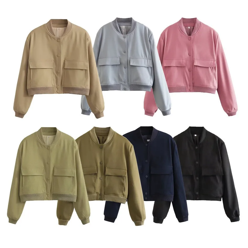 Women Fashion Jacket Solid Color Coat Autumn Winter Button Baseball Aviator Cropped Jackets For Women Long Sleeve Crop Outerwear
