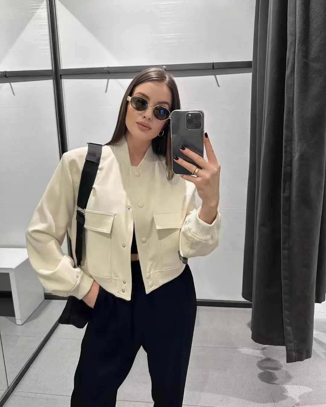Women Fashion Jacket Solid Color Coat Autumn Winter Button Baseball Aviator Cropped Jackets For Women Long Sleeve Crop Outerwear