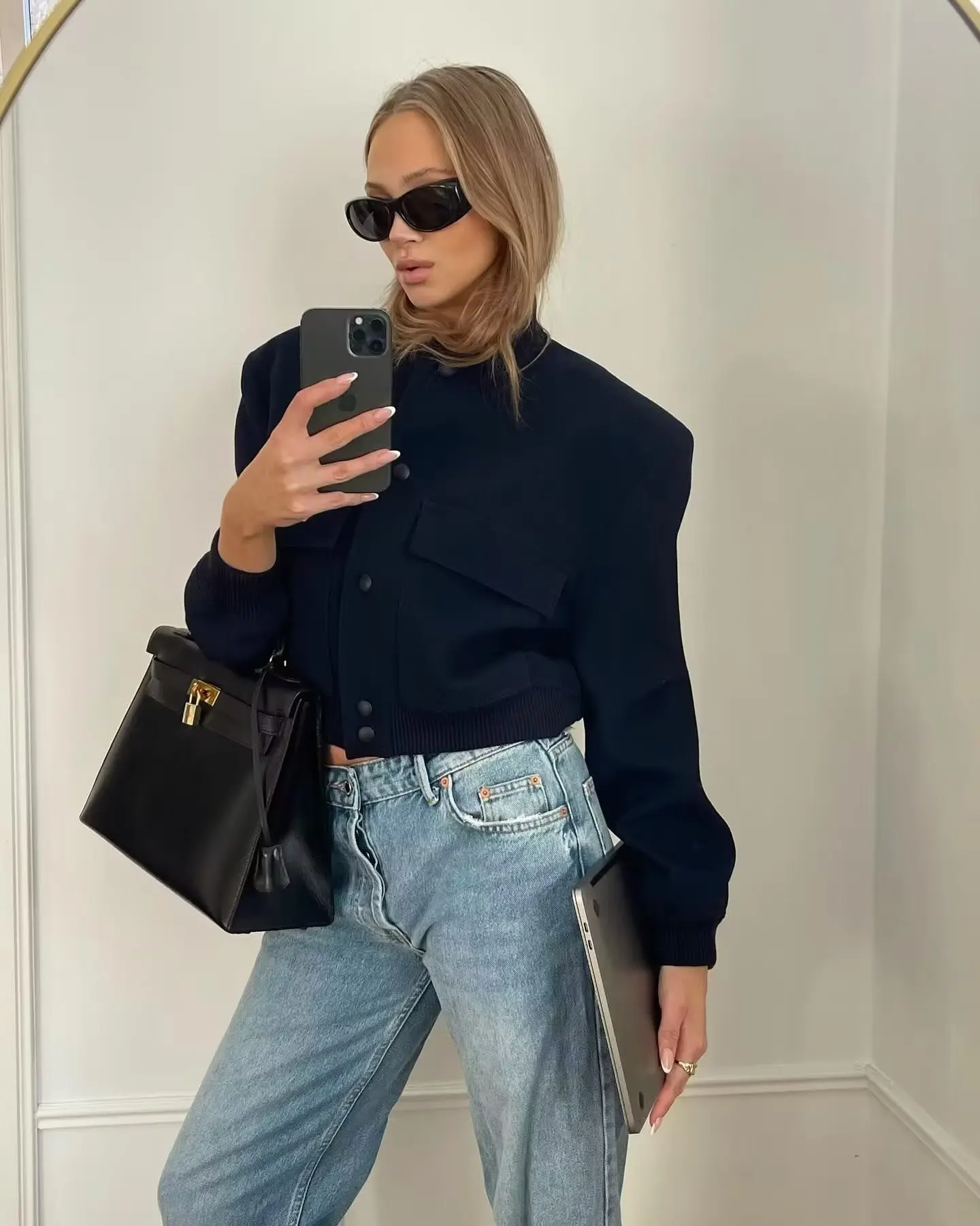 Women Fashion Jacket Solid Color Coat Autumn Winter Button Baseball Aviator Cropped Jackets For Women Long Sleeve Crop Outerwear