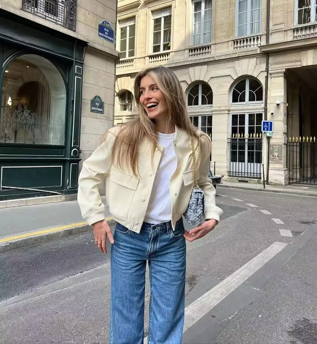 Women Fashion Jacket Solid Color Coat Autumn Winter Button Baseball Aviator Cropped Jackets For Women Long Sleeve Crop Outerwear