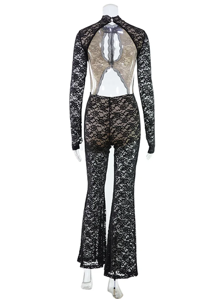 Solid Lace Jumpsuits For Women Fashion Sexy Club Long Sleeves O-Neck Hollow Out See Through Romper Female Streetwear Slim Fit
