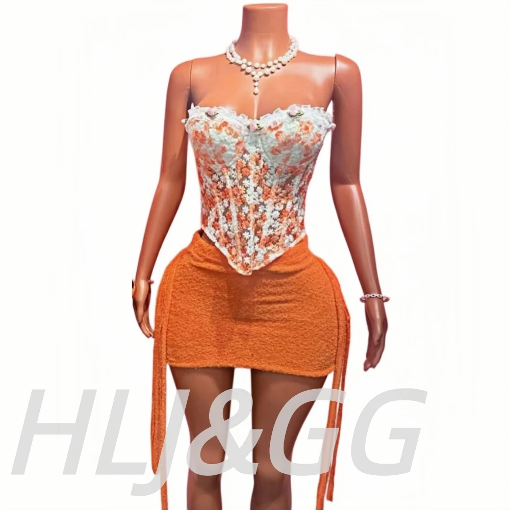 HLJ&GG Sweet Lace Flower Embroidery Corset Two Piece Sets Women Off Shoulder Bandage Slim Top And Tassel Mini Skirts Streetwear