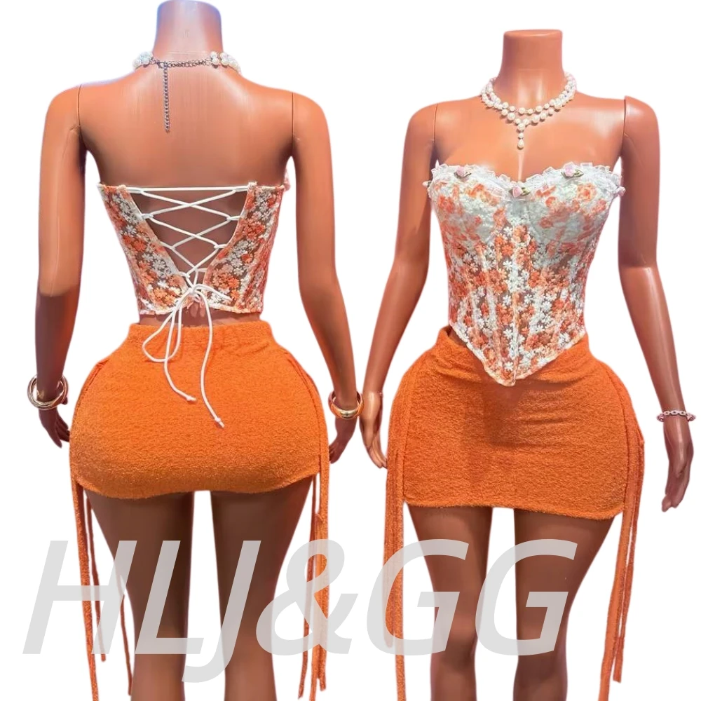 HLJ&GG Sweet Lace Flower Embroidery Corset Two Piece Sets Women Off Shoulder Bandage Slim Top And Tassel Mini Skirts Streetwear