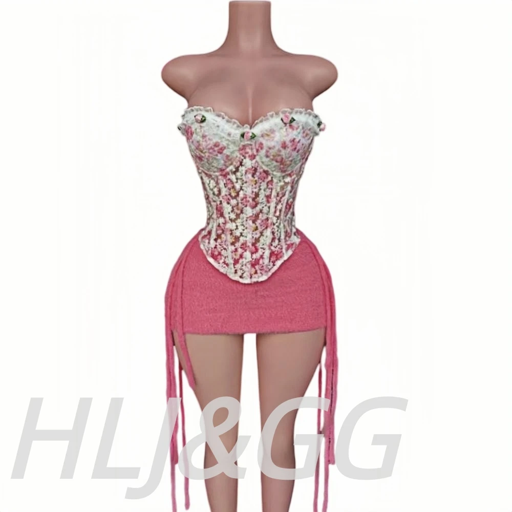 HLJ&GG Sweet Lace Flower Embroidery Corset Two Piece Sets Women Off Shoulder Bandage Slim Top And Tassel Mini Skirts Streetwear