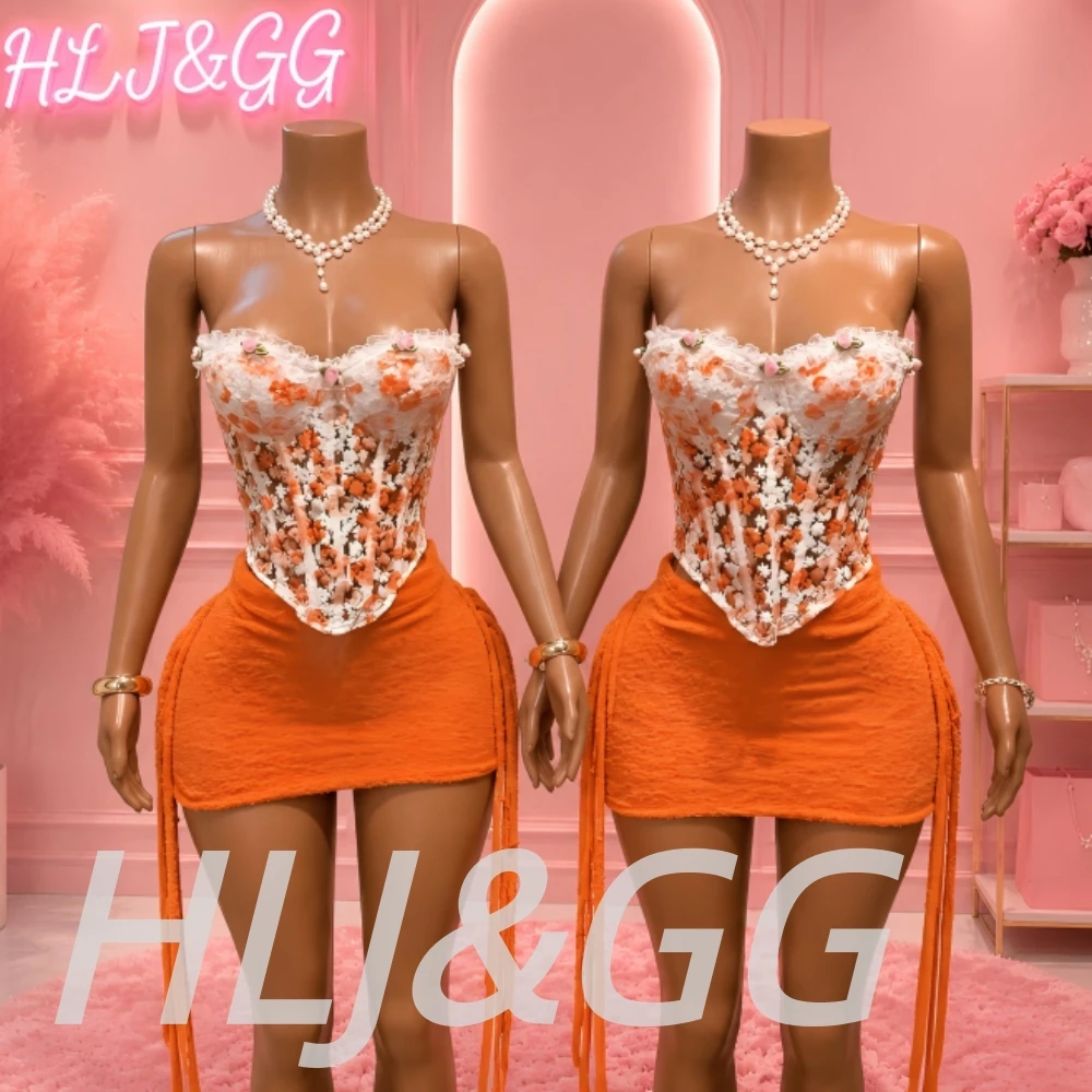 HLJ&GG Sweet Lace Flower Embroidery Corset Two Piece Sets Women Off Shoulder Bandage Slim Top And Tassel Mini Skirts Streetwear