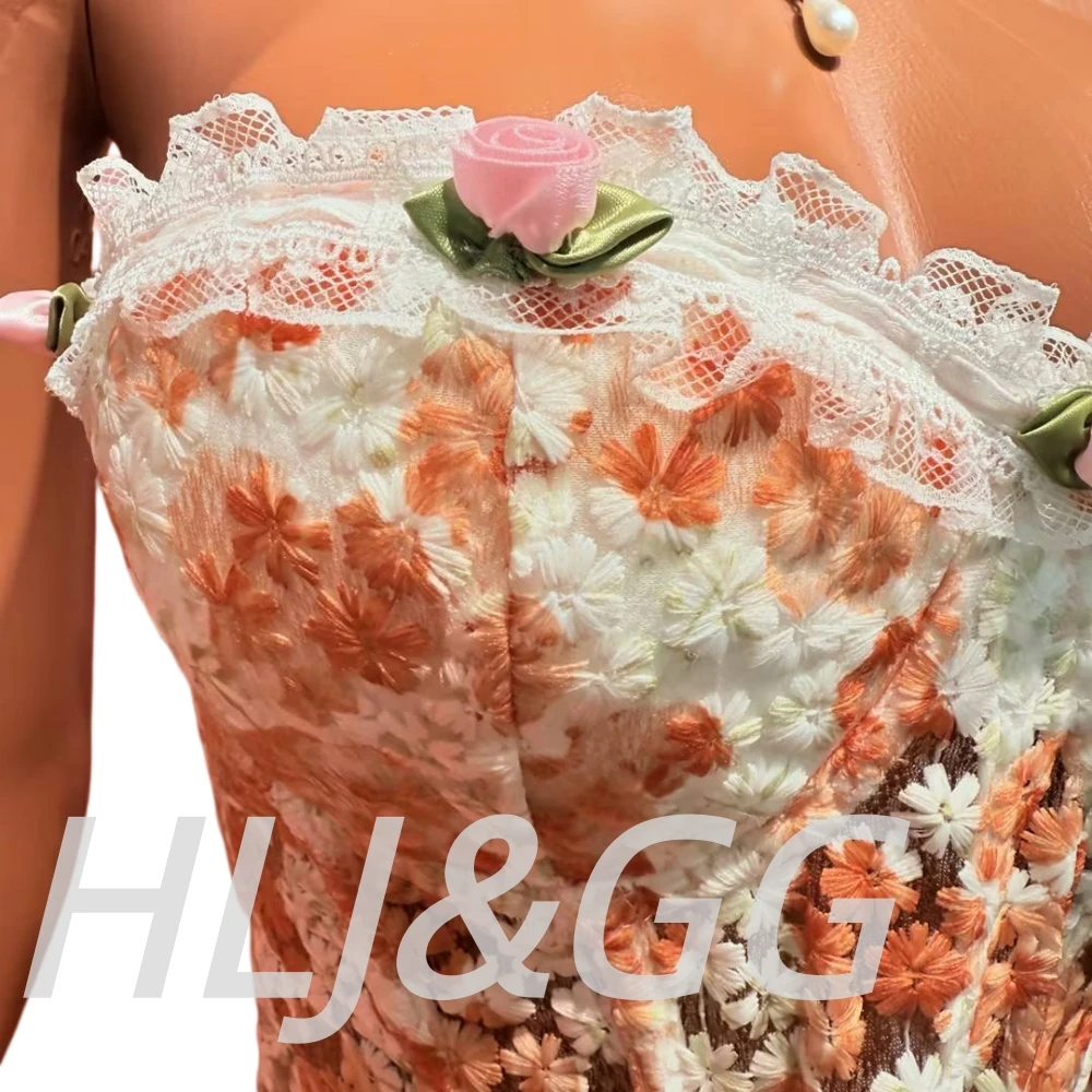 HLJ&GG Sweet Lace Flower Embroidery Corset Two Piece Sets Women Off Shoulder Bandage Slim Top And Tassel Mini Skirts Streetwear