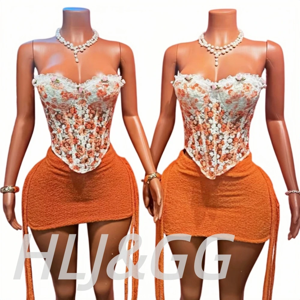 HLJ&GG Sweet Lace Flower Embroidery Corset Two Piece Sets Women Off Shoulder Bandage Slim Top And Tassel Mini Skirts Streetwear