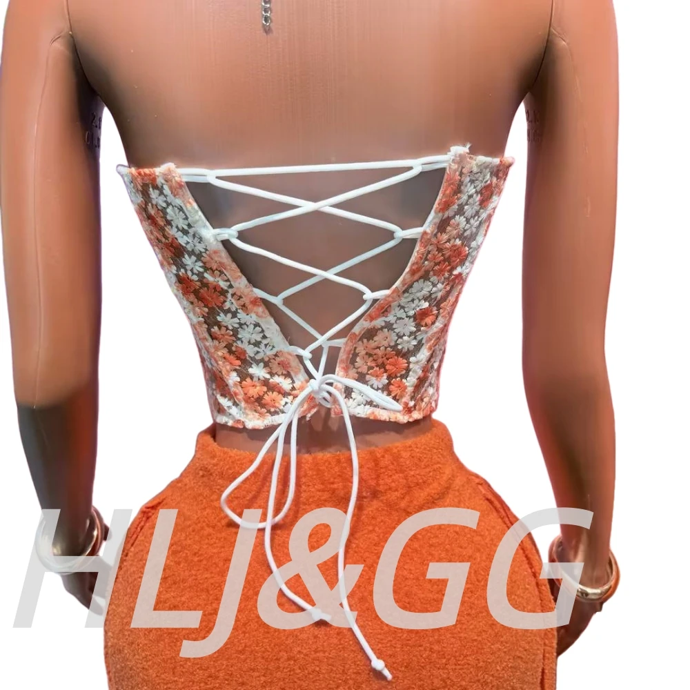 HLJ&GG Sweet Lace Flower Embroidery Corset Two Piece Sets Women Off Shoulder Bandage Slim Top And Tassel Mini Skirts Streetwear
