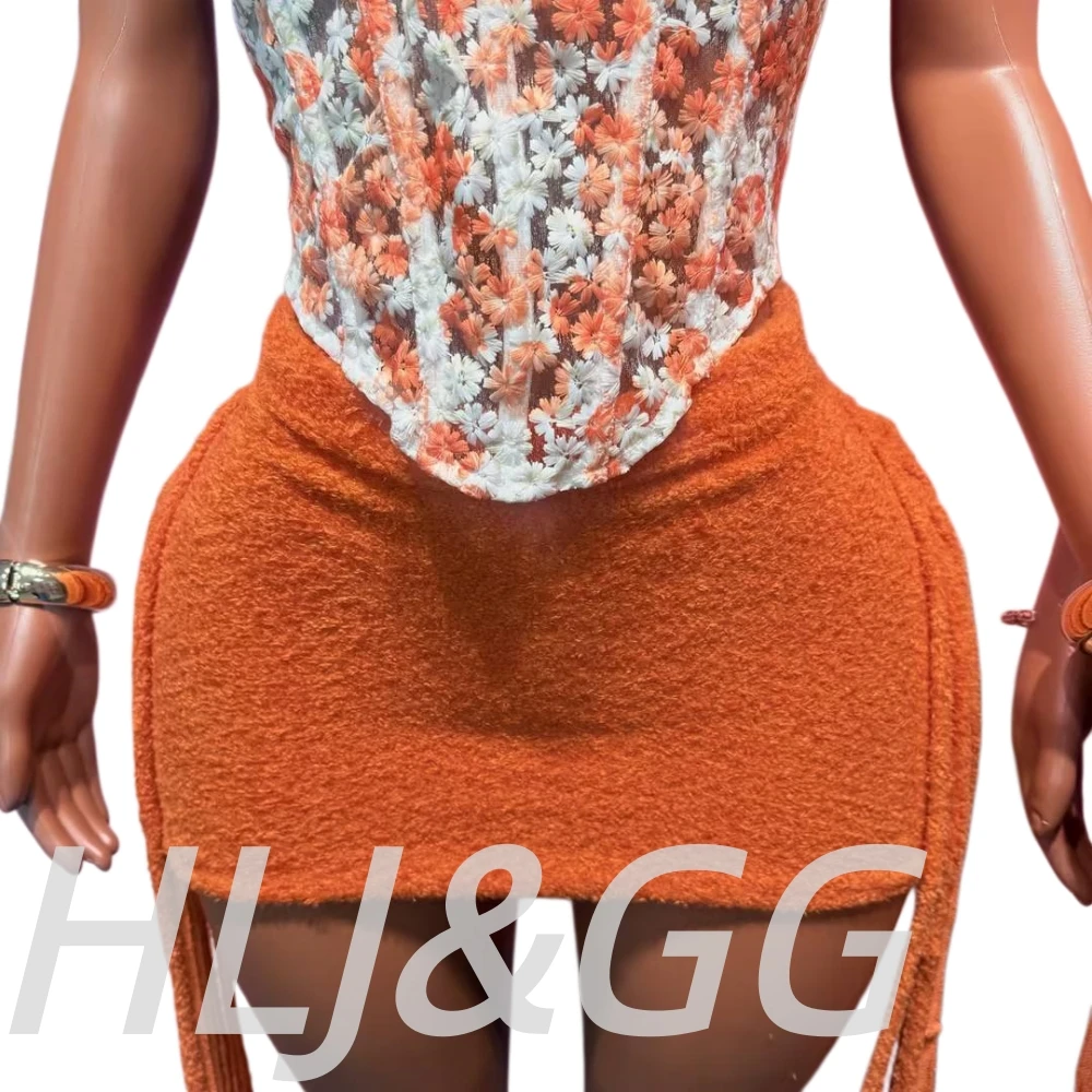 HLJ&GG Sweet Lace Flower Embroidery Corset Two Piece Sets Women Off Shoulder Bandage Slim Top And Tassel Mini Skirts Streetwear