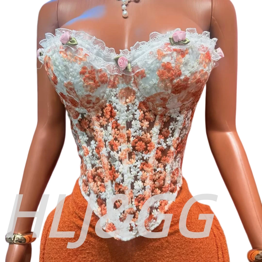 HLJ&GG Sweet Lace Flower Embroidery Corset Two Piece Sets Women Off Shoulder Bandage Slim Top And Tassel Mini Skirts Streetwear