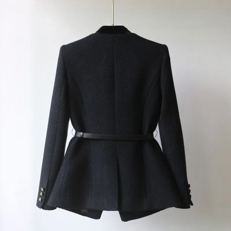 Fashion Slim Waist Belt Coat Women Clothing Vintage Mid-length Temperament Jacket Tops 2025 Ropa Mujer Long Sleeve Black Jackets