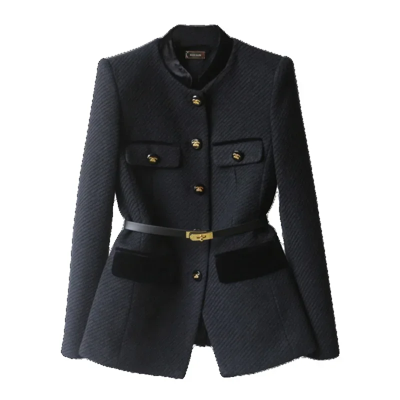 Fashion Slim Waist Belt Coat Women Clothing Vintage Mid-length Temperament Jacket Tops 2025 Ropa Mujer Long Sleeve Black Jackets