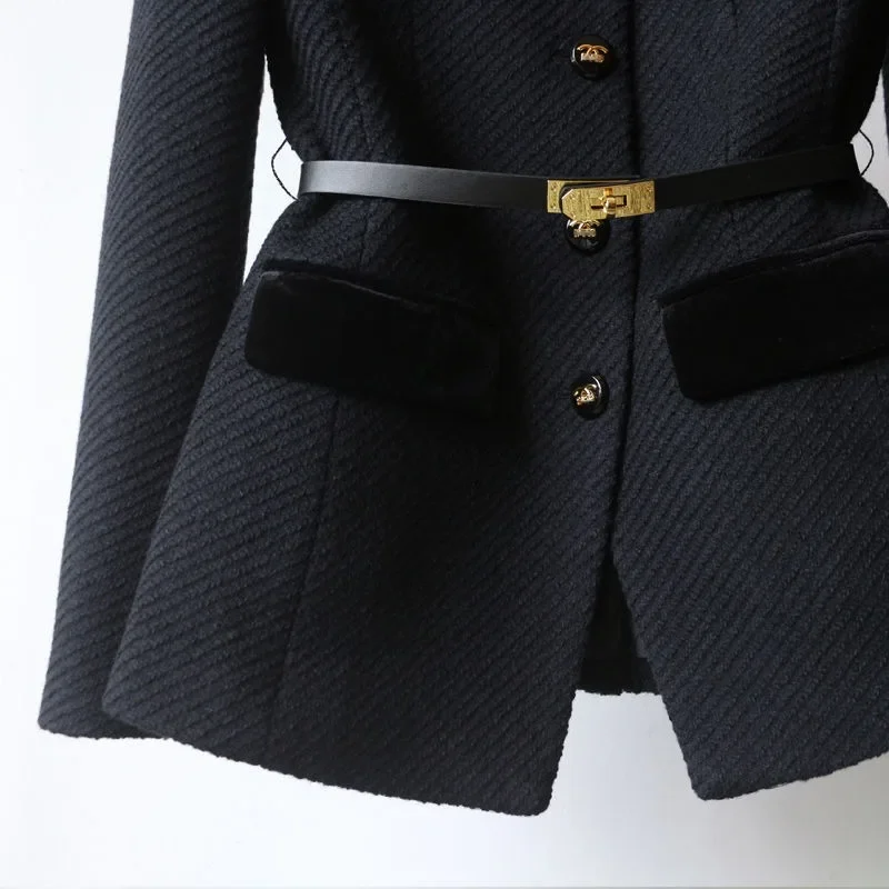 Fashion Slim Waist Belt Coat Women Clothing Vintage Mid-length Temperament Jacket Tops 2025 Ropa Mujer Long Sleeve Black Jackets