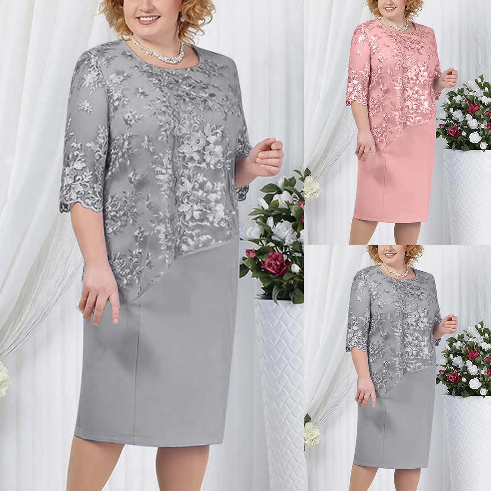 Plus Size Ladies Dress O Neck Short Sleeve Dress Evening Party Summer Dresses For Wedding Guest Lace Embroidery Elegant Dress