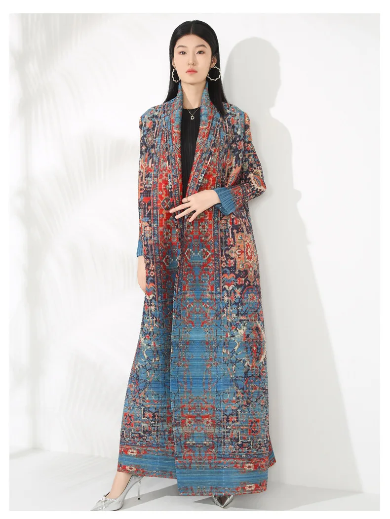 LANMREM Niche Trend Printed Windbreaker Women's 2025 New Loose Oversized Long Sleeved Pleated Trench Cardigan Long Coat 2DB2481