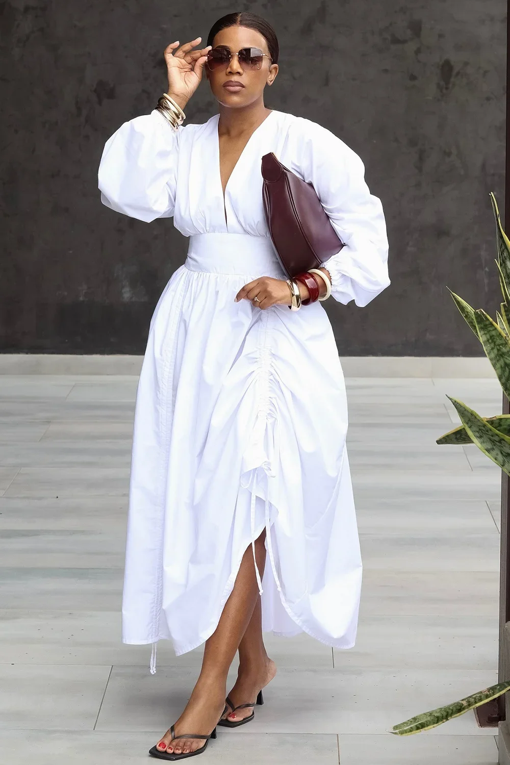 Women's Plus Size Midi Dress V Neck Puff Sleeve High Waist Ruched Side Slit Elegant Casual Party Vacation Maxi Shirt Dress
