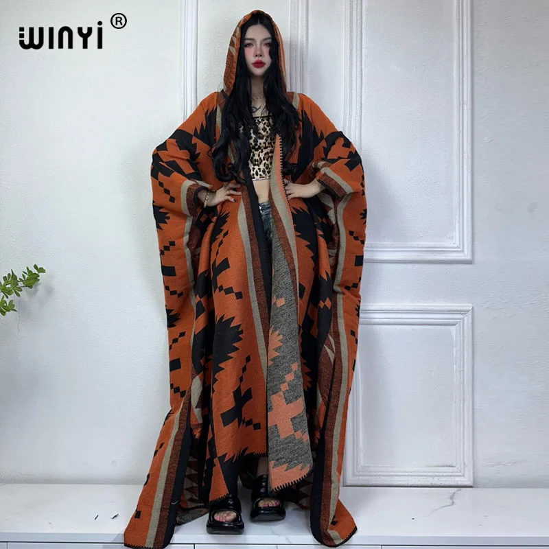 WINYI New Winter Coat Outfits Women High Quality Dress Loose Thick Warm Female Kaftan Poncho Dress Hooded Mop Coat Fashion Abaya