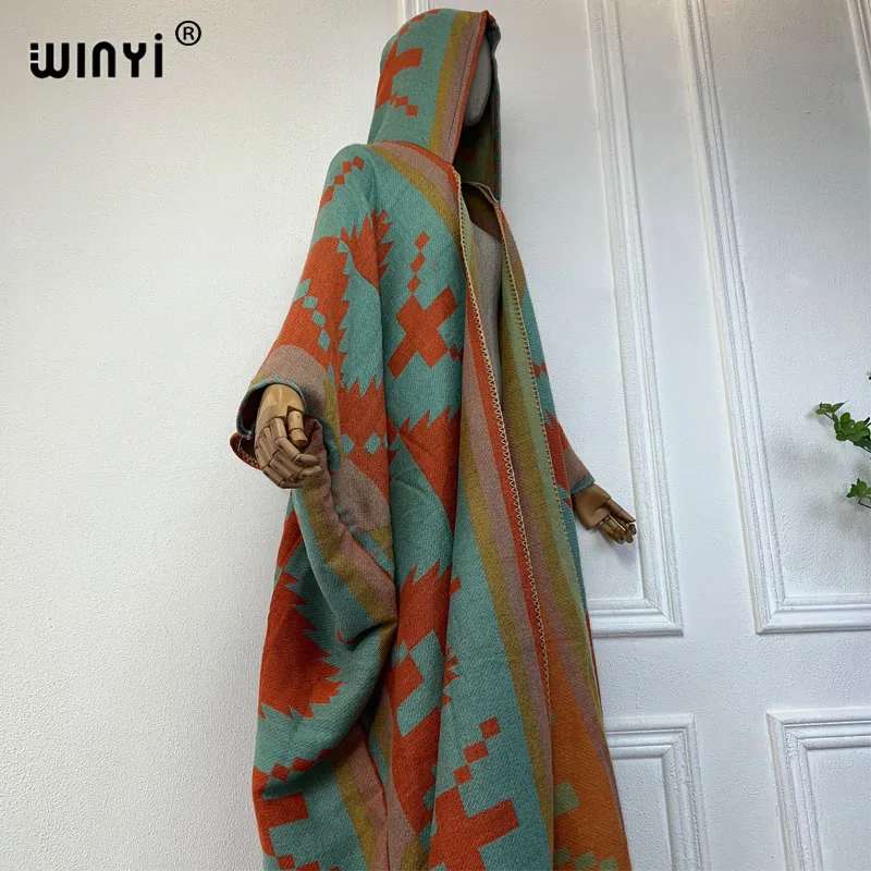 WINYI New Winter Coat Outfits Women High Quality Dress Loose Thick Warm Female Kaftan Poncho Dress Hooded Mop Coat Fashion Abaya
