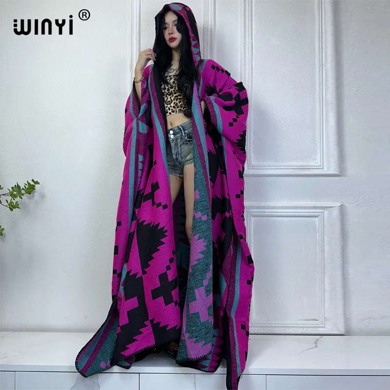 WINYI New Winter Coat Outfits Women High Quality Dress Loose Thick Warm Female Kaftan Poncho Dress Hooded Mop Coat Fashion Abaya