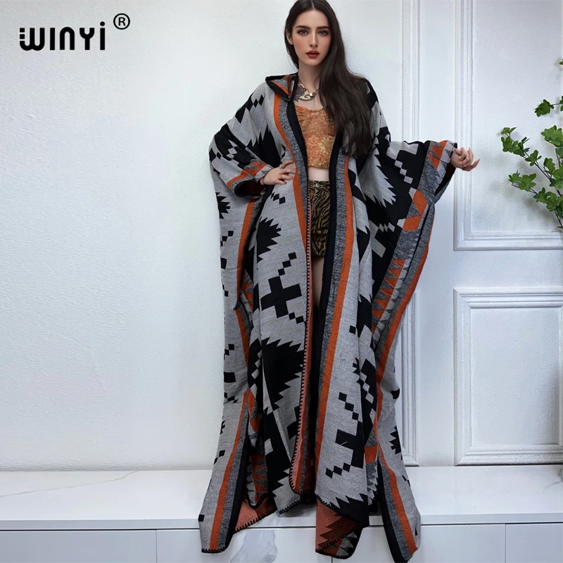 WINYI New Winter Coat Outfits Women High Quality Dress Loose Thick Warm Female Kaftan Poncho Dress Hooded Mop Coat Fashion Abaya