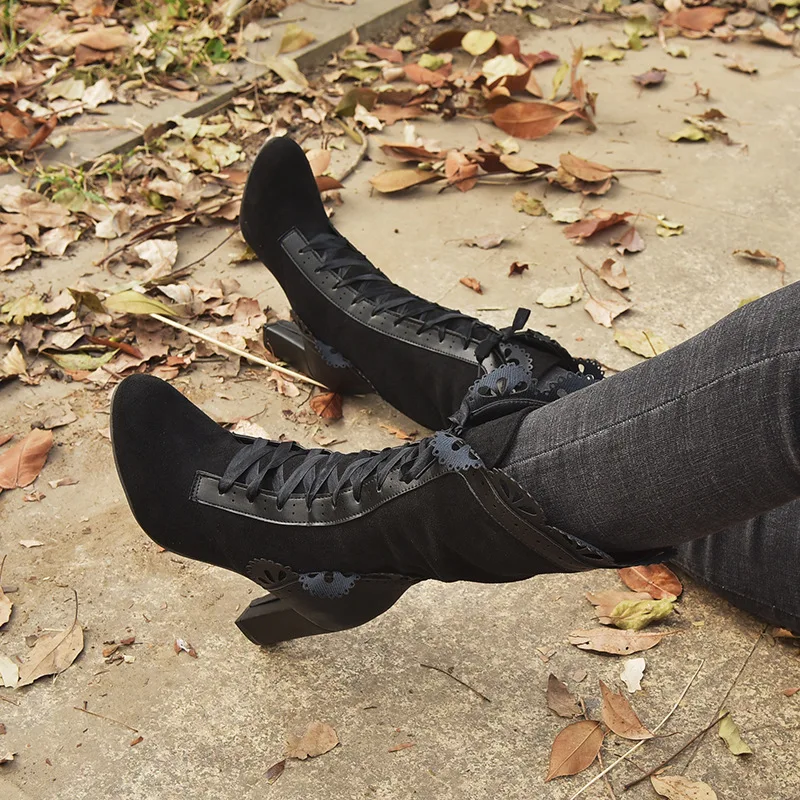 Retro Women Boots Lace Women's High Heels Victorian Classic Ladies Middle Tube Boots Mid-calf Leather Boots Shoes Botas Mujer