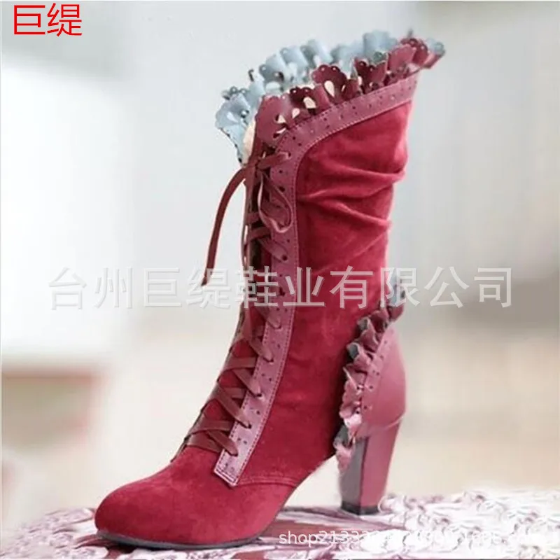 Retro Women Boots Lace Women's High Heels Victorian Classic Ladies Middle Tube Boots Mid-calf Leather Boots Shoes Botas Mujer