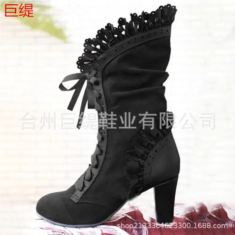 Retro Women Boots Lace Women's High Heels Victorian Classic Ladies Middle Tube Boots Mid-calf Leather Boots Shoes Botas Mujer