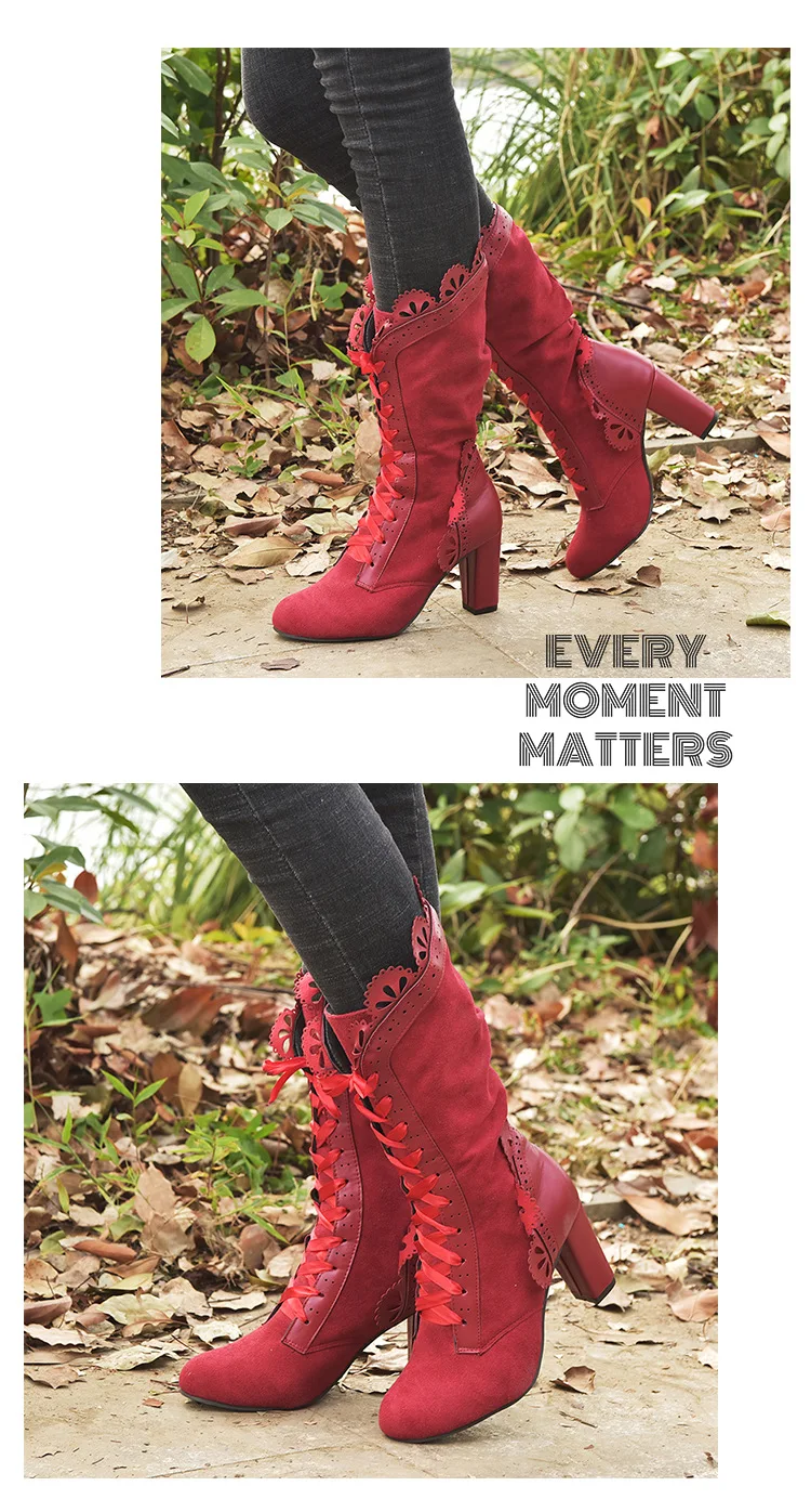 Retro Women Boots Lace Women's High Heels Victorian Classic Ladies Middle Tube Boots Mid-calf Leather Boots Shoes Botas Mujer