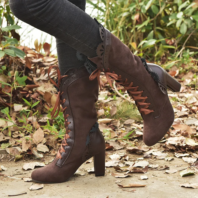 Retro Women Boots Lace Women's High Heels Victorian Classic Ladies Middle Tube Boots Mid-calf Leather Boots Shoes Botas Mujer