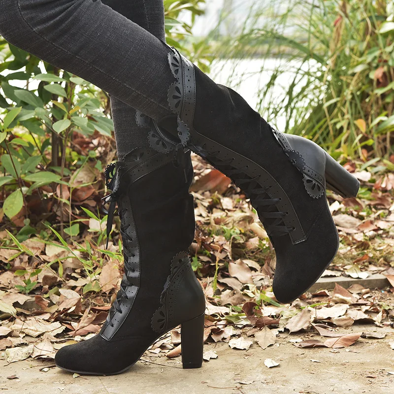 Retro Women Boots Lace Women's High Heels Victorian Classic Ladies Middle Tube Boots Mid-calf Leather Boots Shoes Botas Mujer