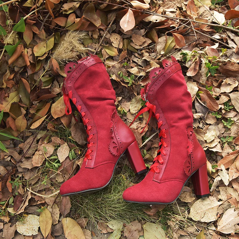Retro Women Boots Lace Women's High Heels Victorian Classic Ladies Middle Tube Boots Mid-calf Leather Boots Shoes Botas Mujer