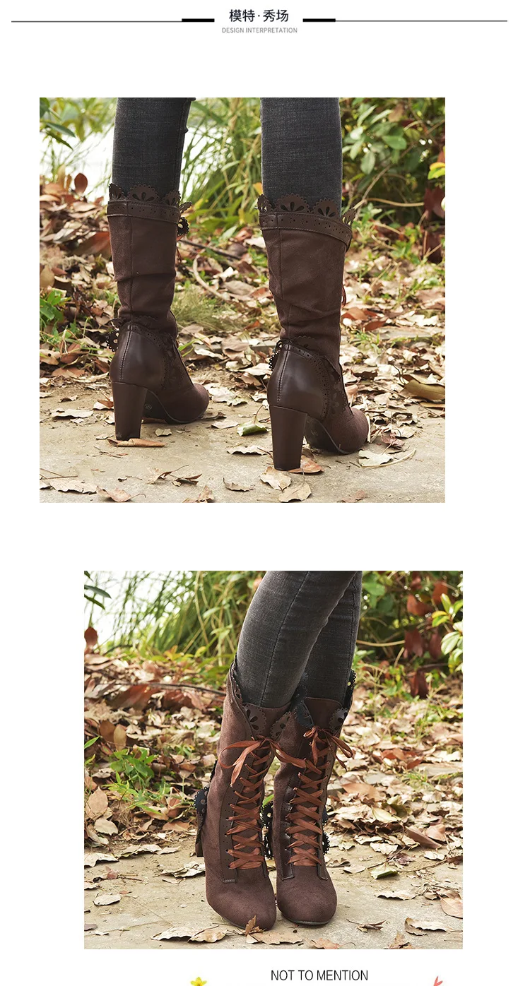 Retro Women Boots Lace Women's High Heels Victorian Classic Ladies Middle Tube Boots Mid-calf Leather Boots Shoes Botas Mujer