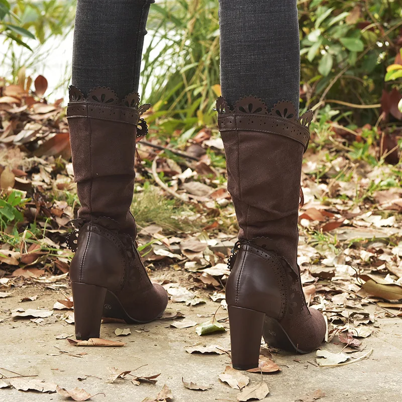 Retro Women Boots Lace Women's High Heels Victorian Classic Ladies Middle Tube Boots Mid-calf Leather Boots Shoes Botas Mujer