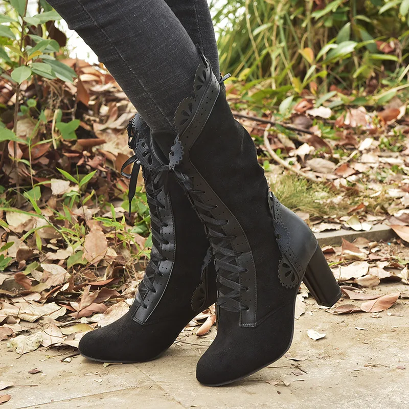 Retro Women Boots Lace Women's High Heels Victorian Classic Ladies Middle Tube Boots Mid-calf Leather Boots Shoes Botas Mujer