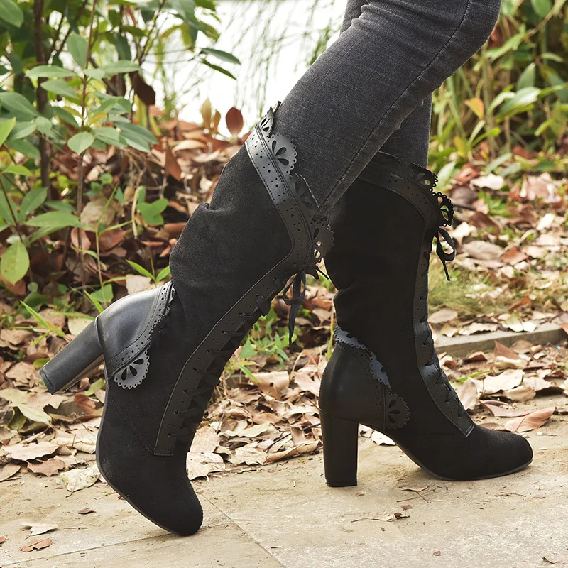 Retro Women Boots Lace Women's High Heels Victorian Classic Ladies Middle Tube Boots Mid-calf Leather Boots Shoes Botas Mujer