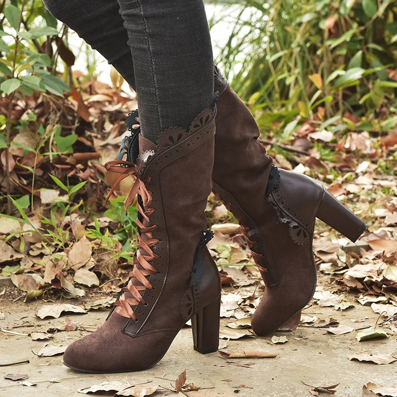 Retro Women Boots Lace Women's High Heels Victorian Classic Ladies Middle Tube Boots Mid-calf Leather Boots Shoes Botas Mujer