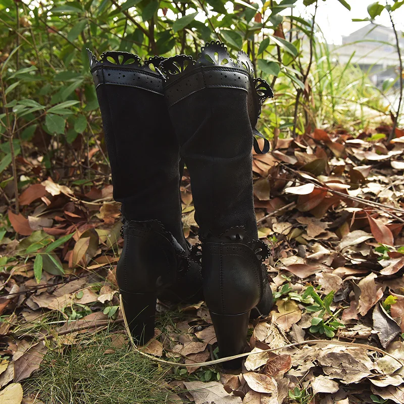 Retro Women Boots Lace Women's High Heels Victorian Classic Ladies Middle Tube Boots Mid-calf Leather Boots Shoes Botas Mujer