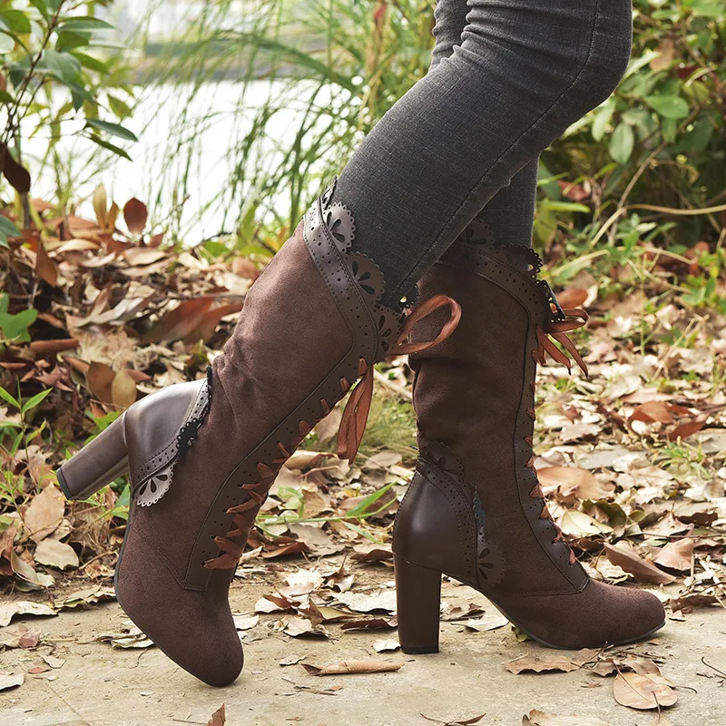 Retro Women Boots Lace Women's High Heels Victorian Classic Ladies Middle Tube Boots Mid-calf Leather Boots Shoes Botas Mujer