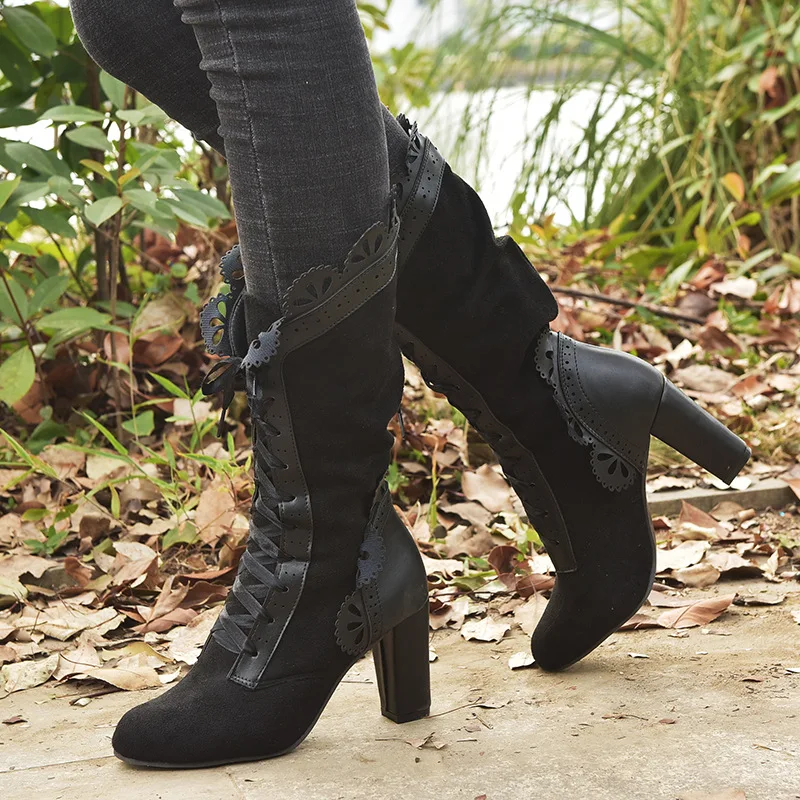 Retro Women Boots Lace Women's High Heels Victorian Classic Ladies Middle Tube Boots Mid-calf Leather Boots Shoes Botas Mujer
