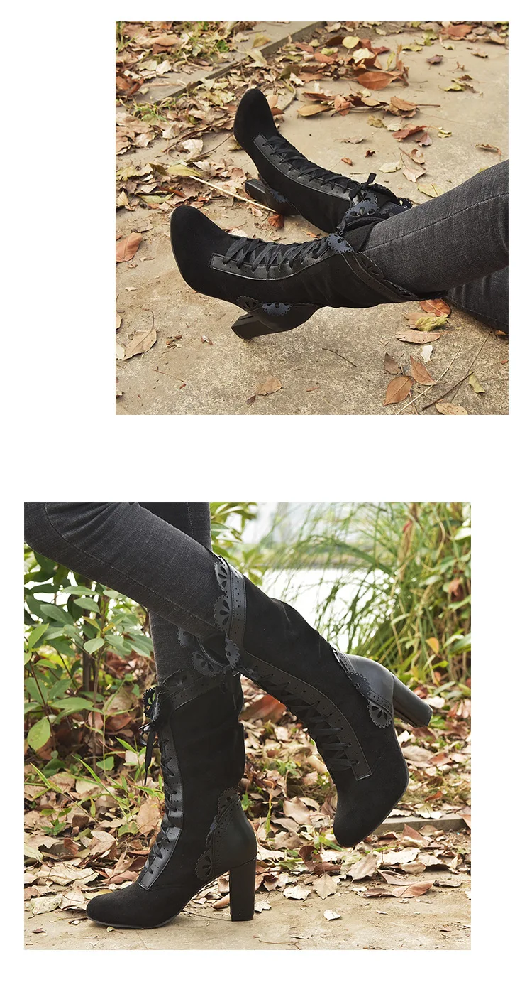Retro Women Boots Lace Women's High Heels Victorian Classic Ladies Middle Tube Boots Mid-calf Leather Boots Shoes Botas Mujer