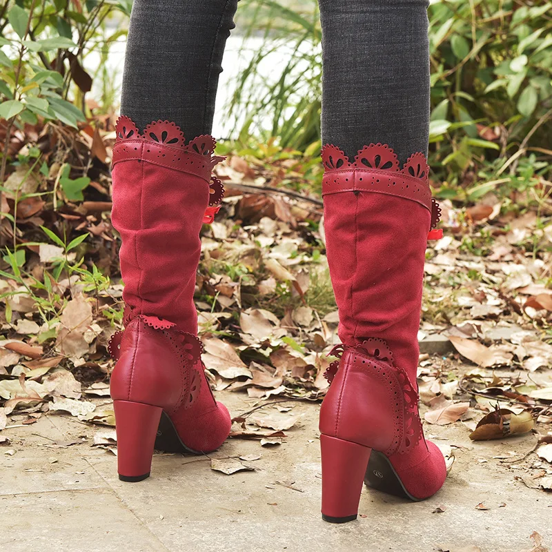 Retro Women Boots Lace Women's High Heels Victorian Classic Ladies Middle Tube Boots Mid-calf Leather Boots Shoes Botas Mujer