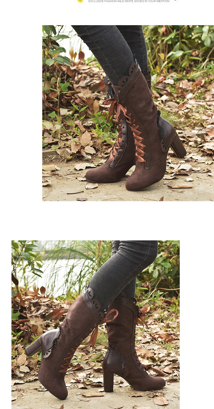 Retro Women Boots Lace Women's High Heels Victorian Classic Ladies Middle Tube Boots Mid-calf Leather Boots Shoes Botas Mujer