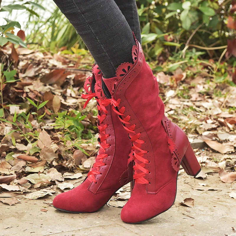 Retro Women Boots Lace Women's High Heels Victorian Classic Ladies Middle Tube Boots Mid-calf Leather Boots Shoes Botas Mujer
