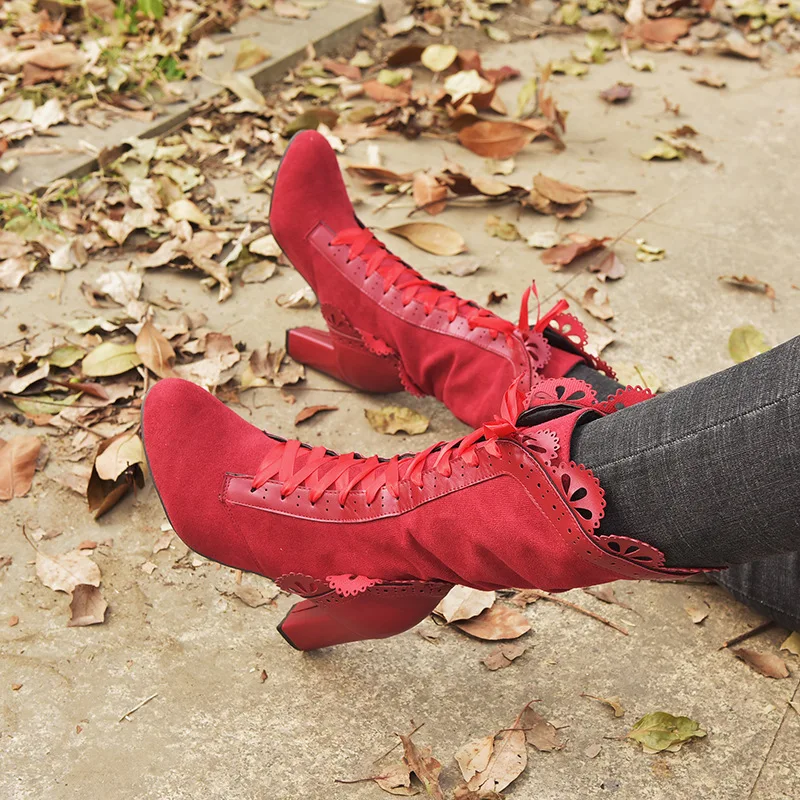 Retro Women Boots Lace Women's High Heels Victorian Classic Ladies Middle Tube Boots Mid-calf Leather Boots Shoes Botas Mujer
